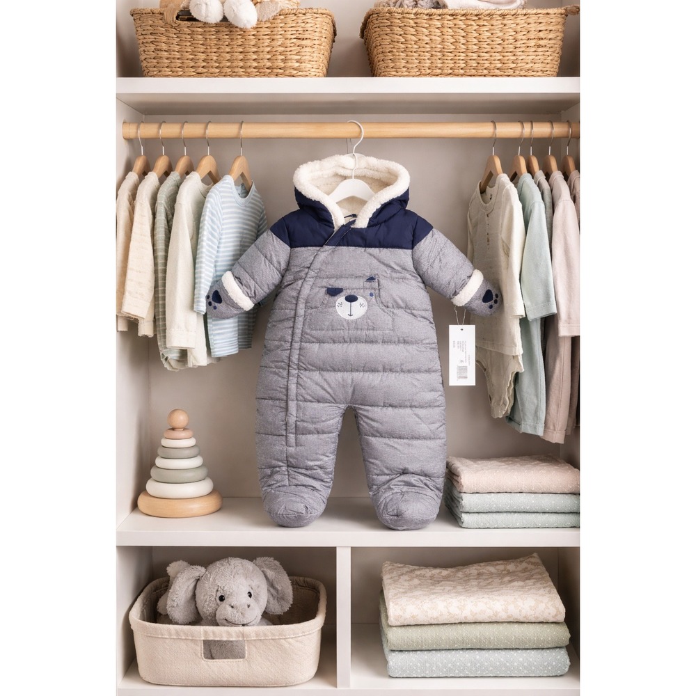 Rothschild Baby Boy Animal Pram Snowsuit Grey Navy Bear Hooded Bunting 12M NEW